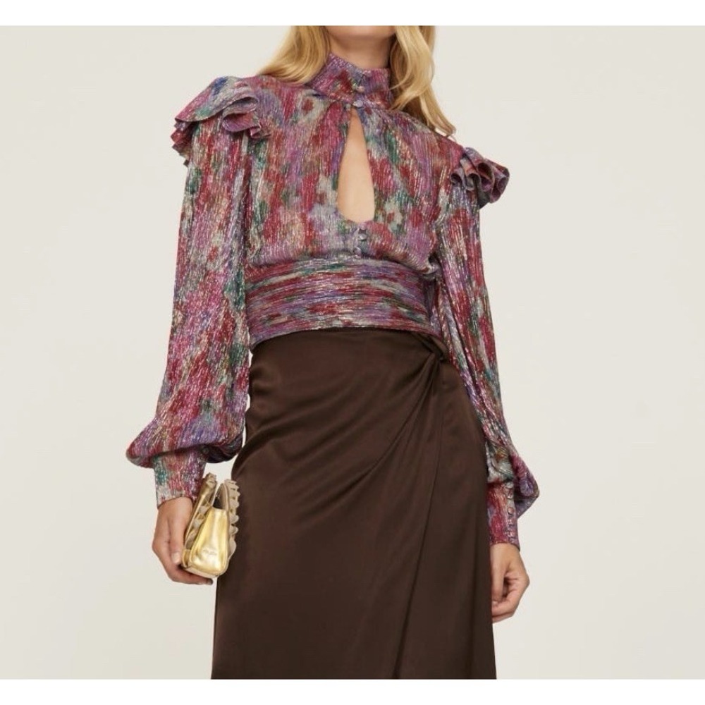 PatBO Lurex Keyhole Metallic Sheer Crop Top Bohemian Floral Balloon Sleeve Artsy